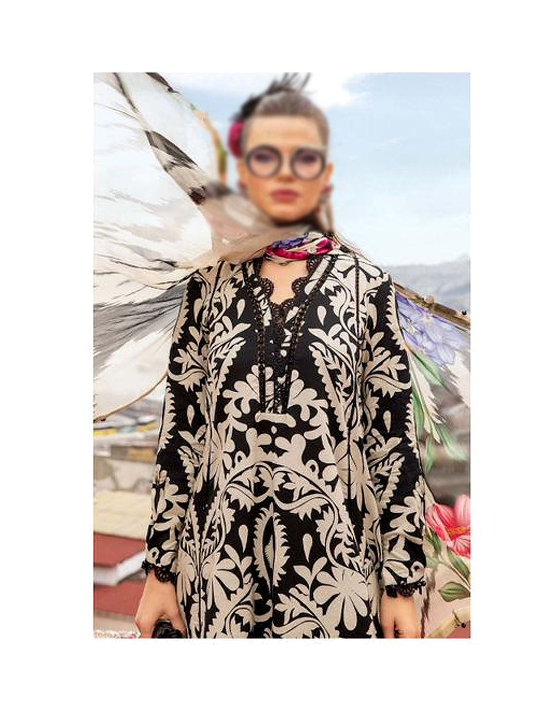 SALE—Stylish All‑Over Digital Print Embroidered Lawn Dress with Printed Chiffon Dupatta