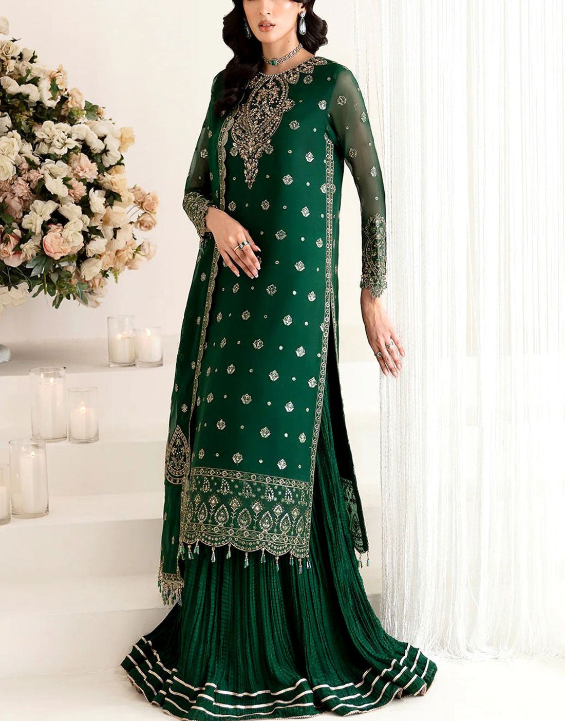 Heavy Embroidered Formal Chiffon Dress with Silk Gharara Trouser