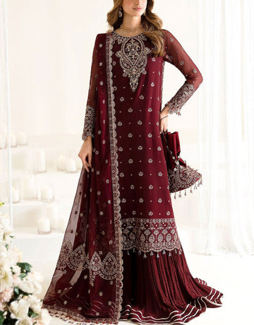 Heavy Embroidered Maroon Chiffon Dress with Silk Crushed Sharara
