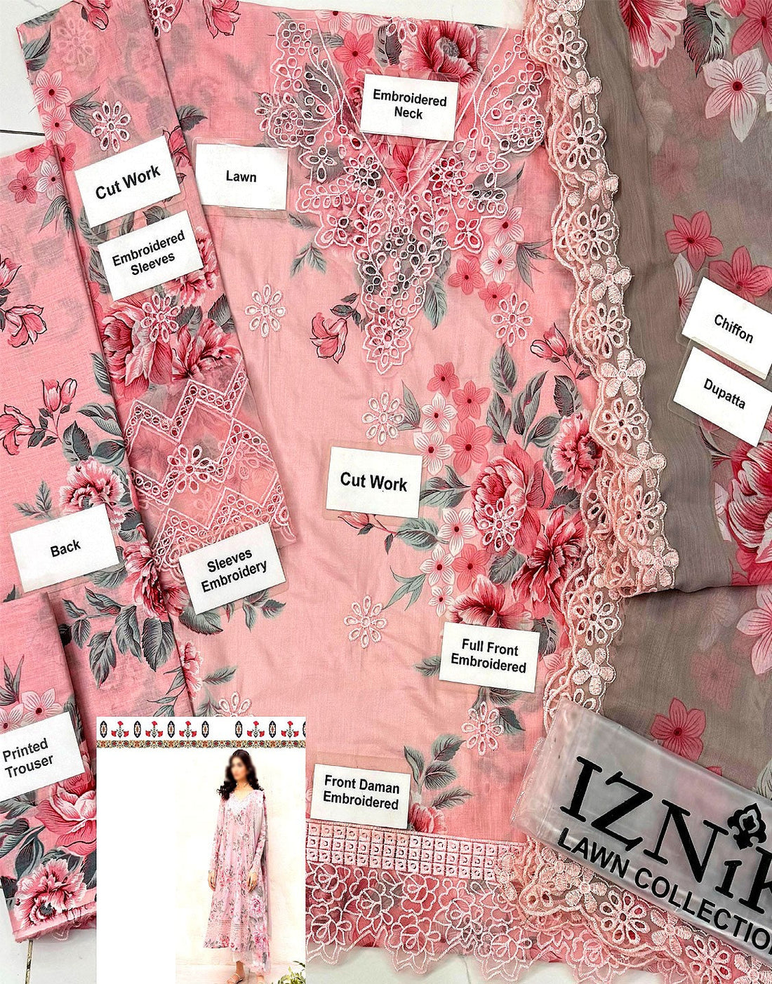 All-Over Print Schiffli Embroidery Pink Summer Lawn Dress for Daily & Party Wear