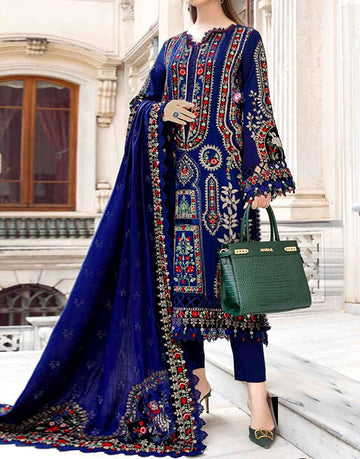 Cultural Inspired Blue Embroidered Cotton Lawn Dress with Embroidery Chiffon Dupatta
