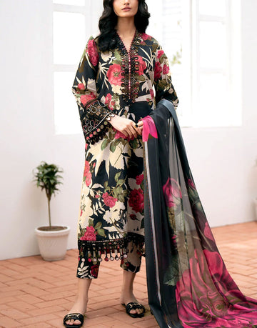 All-Over Flower Print Embroidered Lawn Dress with Chiffon Dupatta