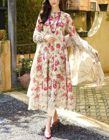 All-Over Floral Print Embroidered EID Lawn Dress with Soft Chiffon Dupatta
