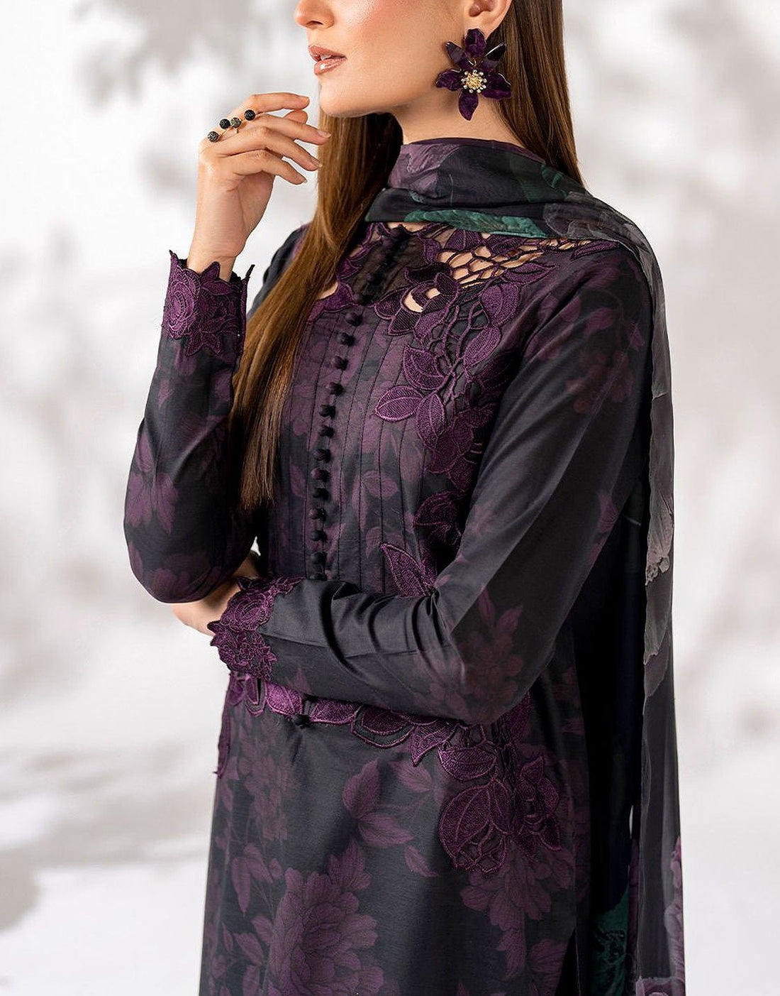 All-Over Print Embroidered EID Lawn Suit with Silk Dupatta