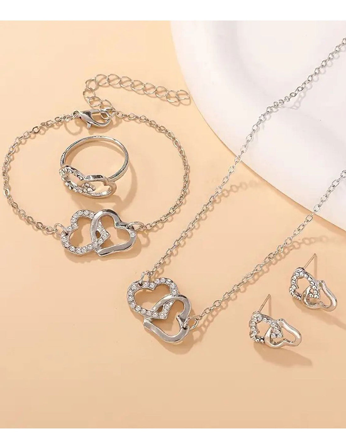 4-Piece Heart Shape Silver Jewelry Set for Girls with Bracelet, Earrings, Necklace and Ring