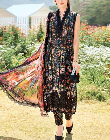 All-Over Print Embroidered Black Lawn Suit with Chiffon Dupatta