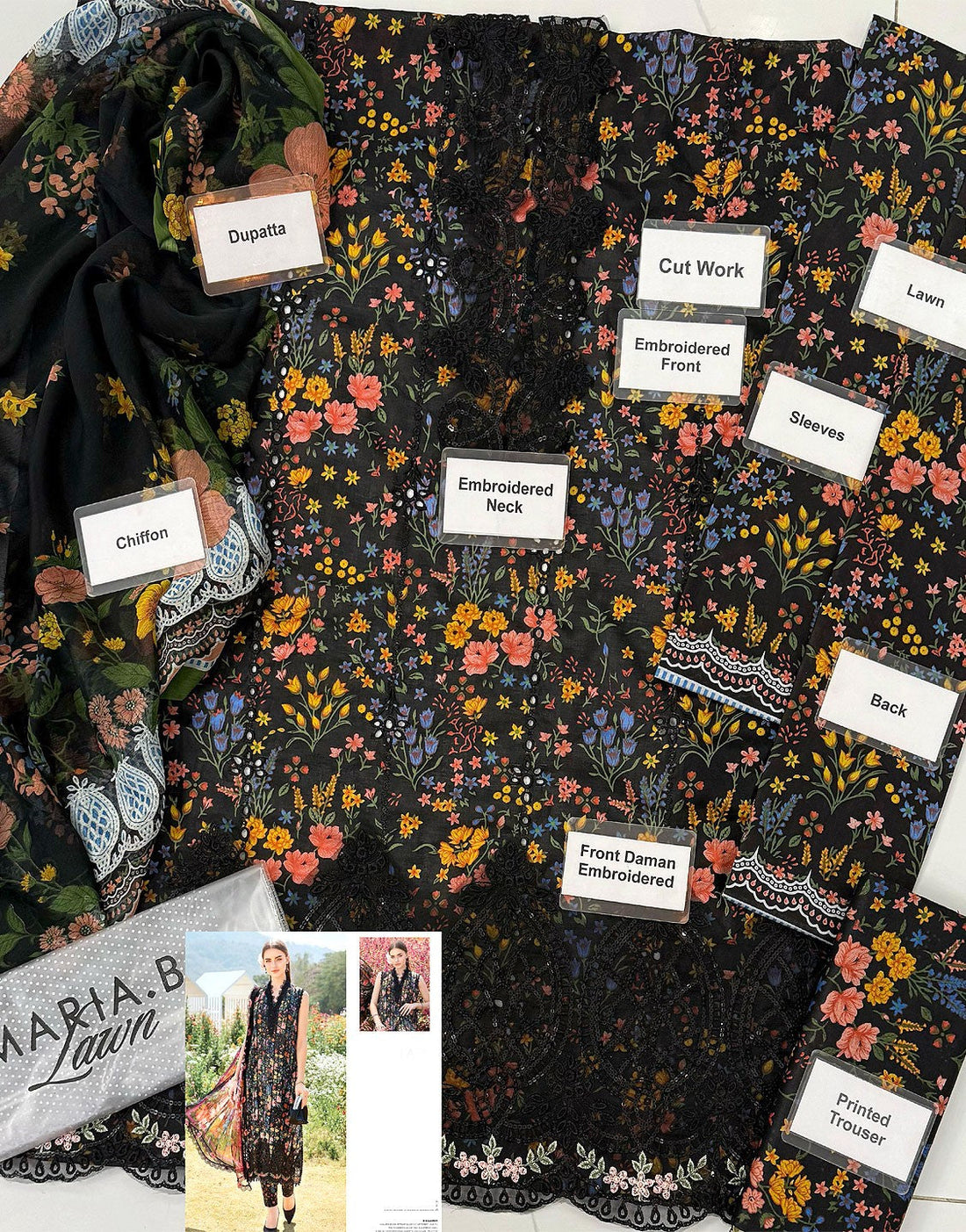 All-Over Print Embroidered Black Lawn Suit with Chiffon Dupatta