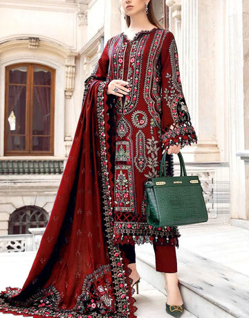 Cultural Inspired Maroon Embroidered Cotton Lawn Dress with Embroidery Chiffon Dupatta