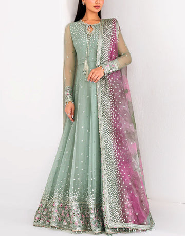 Heavy Embroidered Sage Green Chiffon Maxi Dress for Formal Parties & Weddings