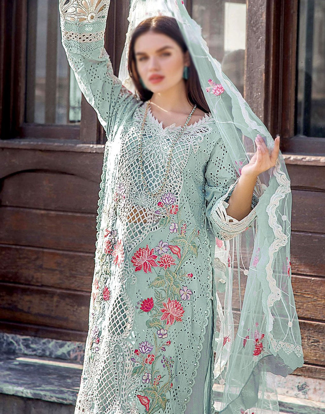 Luxury Heavy Schiffli Embroidered Cotton Lawn Dress with Emb. NET Dupatta