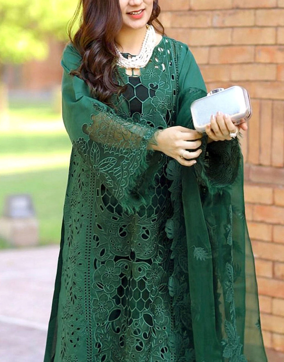 Luxury Embroidered with Elegant Cutwork Green Cotton Lawn Dress with Emb. Organza Dupatta