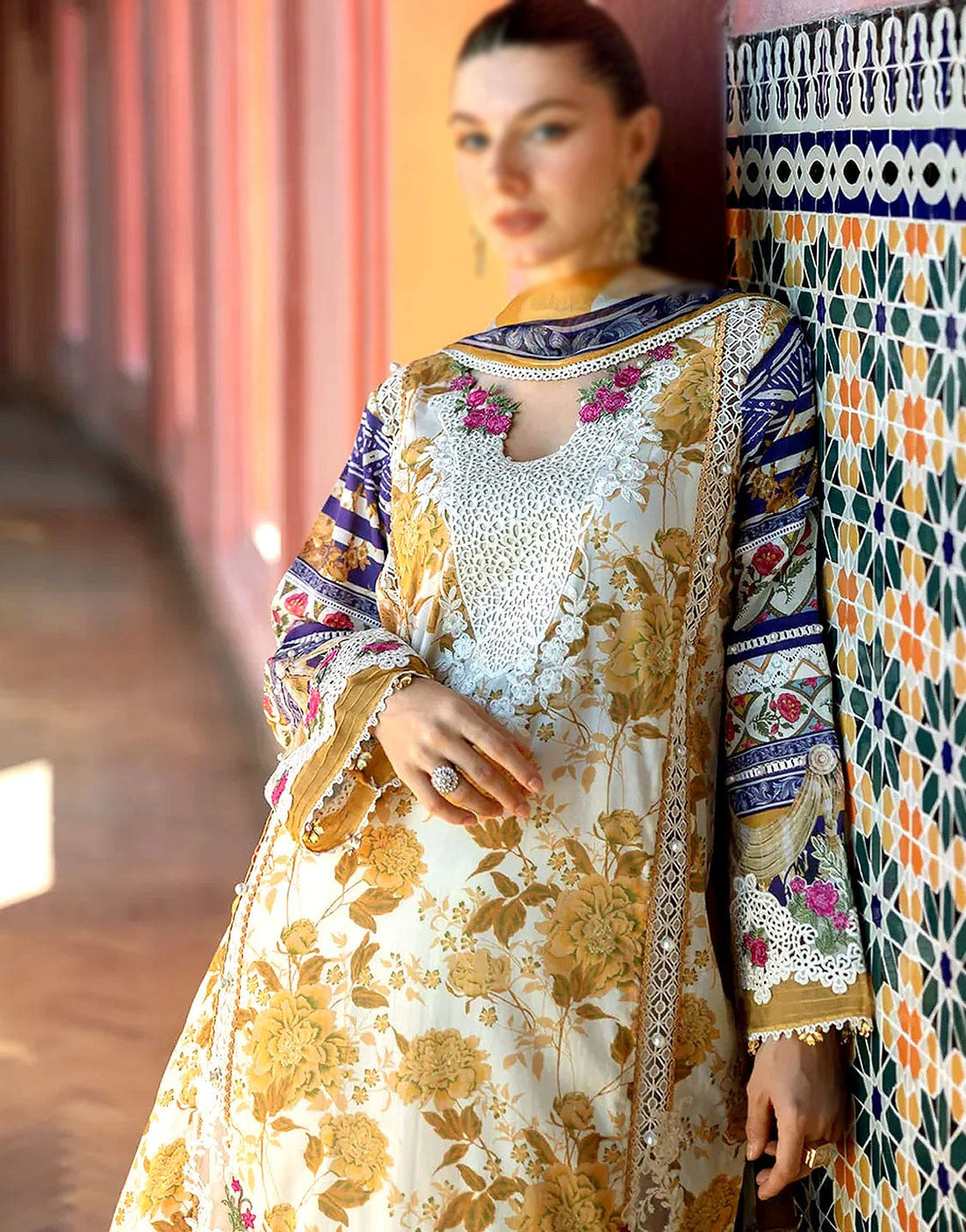 All-Over Print Embroidered Lawn Suit with Chiffon Dupatta