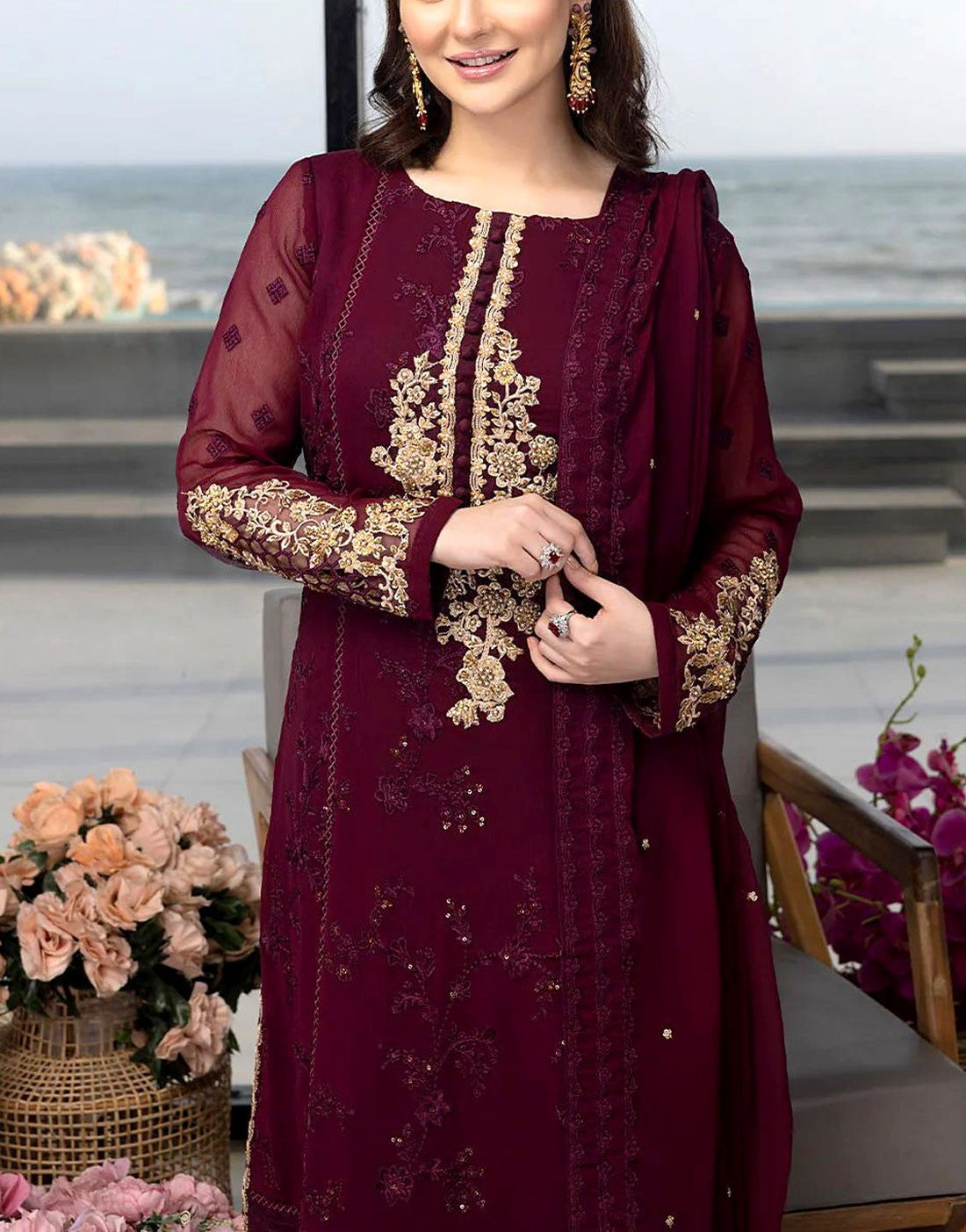 Formal Heavy Embroidered Chiffon Party Wear Dress