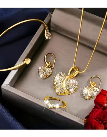 4-Piece Heart Shape Golden Jewelry Set for Girls with Bracelet, Earrings, Necklace and Ring