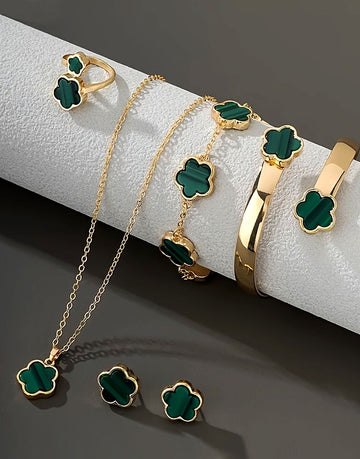 5-Piece Green Five Leaf Clover Design Jewelry Set includes Bracelet, Earrings, Kara, Necklace & Ring