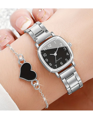 2-Piece Square Dial Quartz Wristwatch with Bracelet Gift Set for Girls