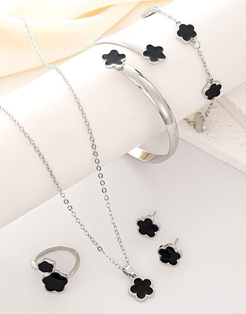 5-Piece Five Leaf Clover Design Silver Jewelry Set includes Bracelet, Earrings, Kara, Necklace & Ring