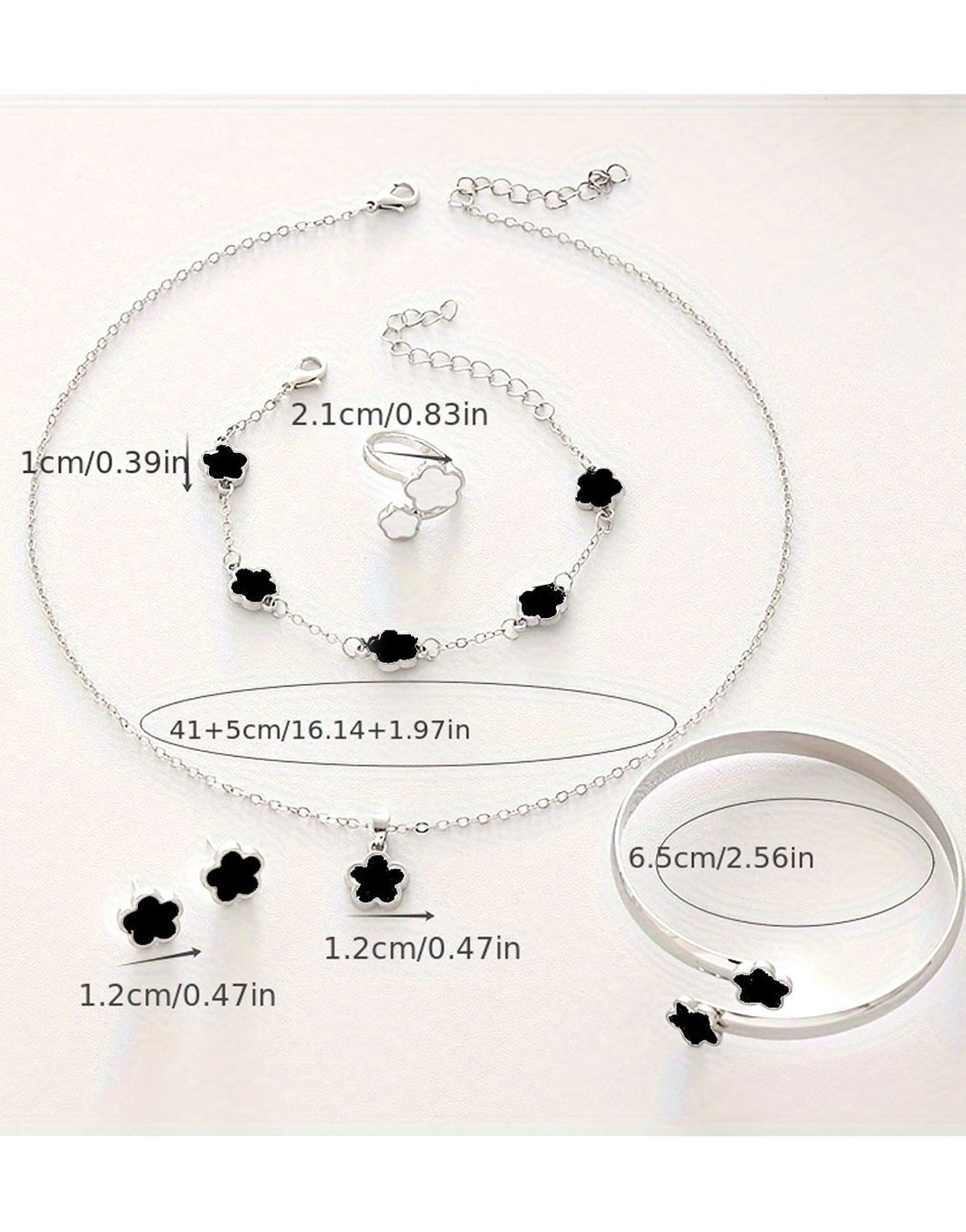 5-Piece Five Leaf Clover Design Silver Jewelry Set includes Bracelet, Earrings, Kara, Necklace & Ring