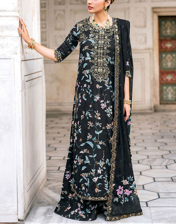All-Over Print Embroidered with Handwork Black Lawn Dress for Festive & Party Wear