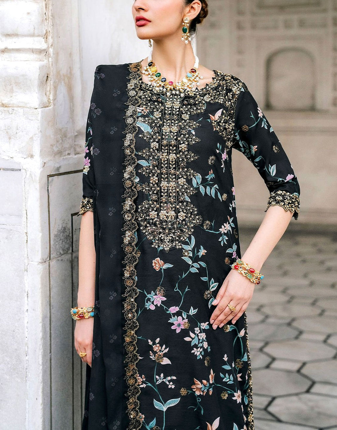 All-Over Print Embroidered with Handwork Black Lawn Dress for Festive & Party Wear