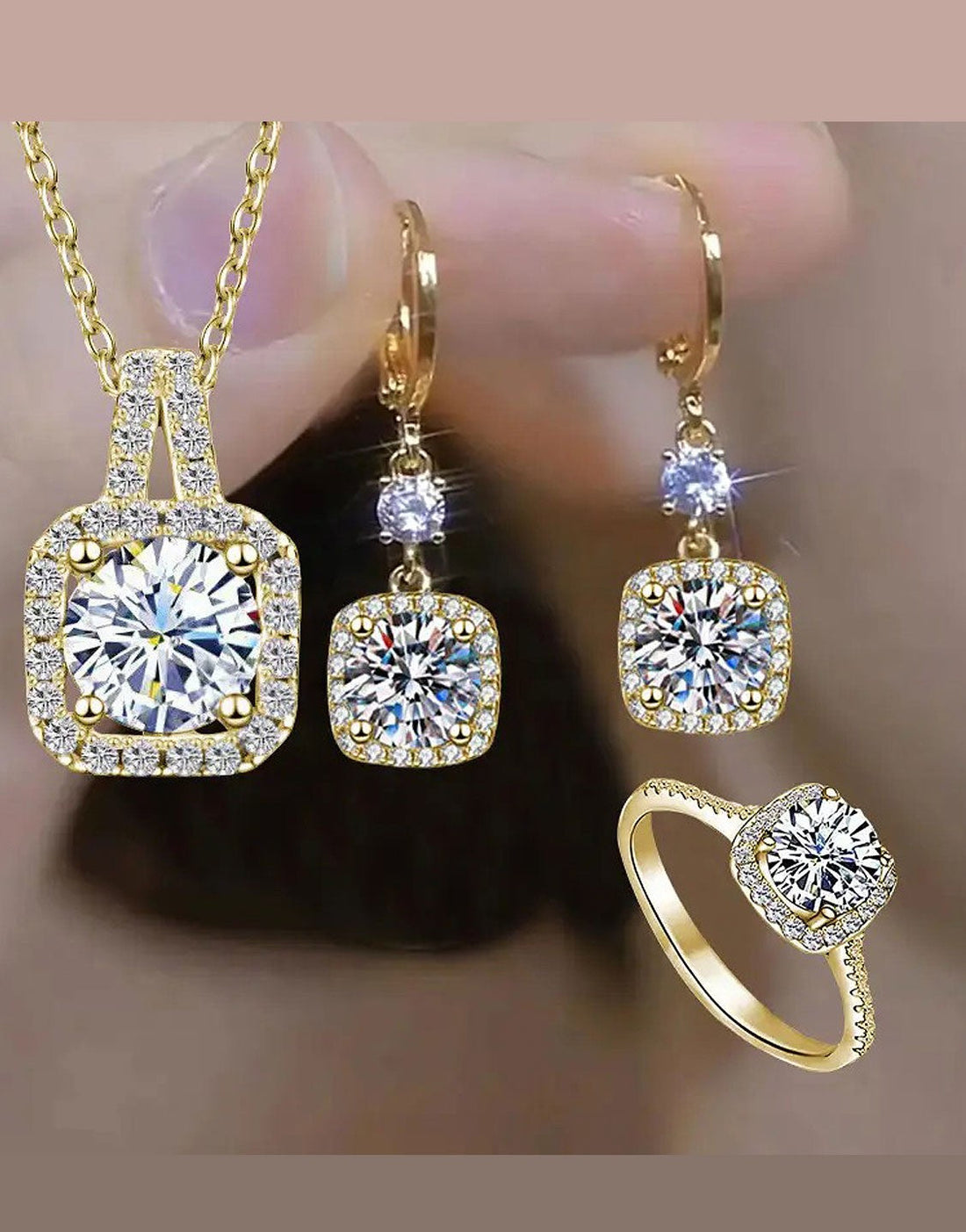 3-Piece Minimalist Design Golden Jewellery Set with Earrings, Necklace and Ring