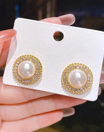 Sparkling Round Shaped Imitation Pearls & Rhinestones Stud Earrings