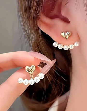 Vintage Faux Pearls & Decor Heart Stud Earrings for Ladies
