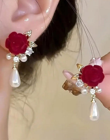 Rose Flower Inlaid Imitation Pearl Earrings for Girls