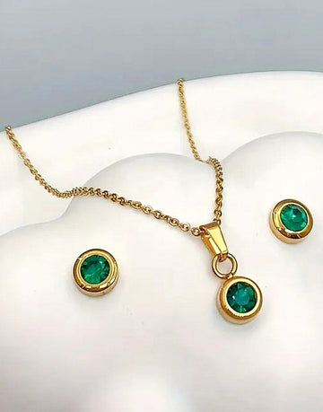 Stylish Bottle Green Color Zirconia Earrings & Necklace Set - Perfect as a Gift for All