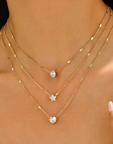 Multi-Layer Star, Heart & Teardrop Charms Rhinestone Necklace