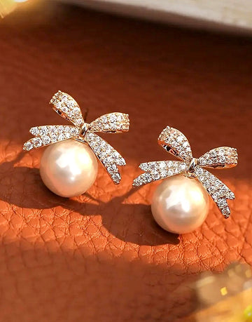 Sparkling Rhinestones Bow Shape Faux Pearls Stud Earrings