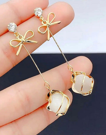 Elegant Glass Accents Bowknot Shape Drop Earrings for Girls