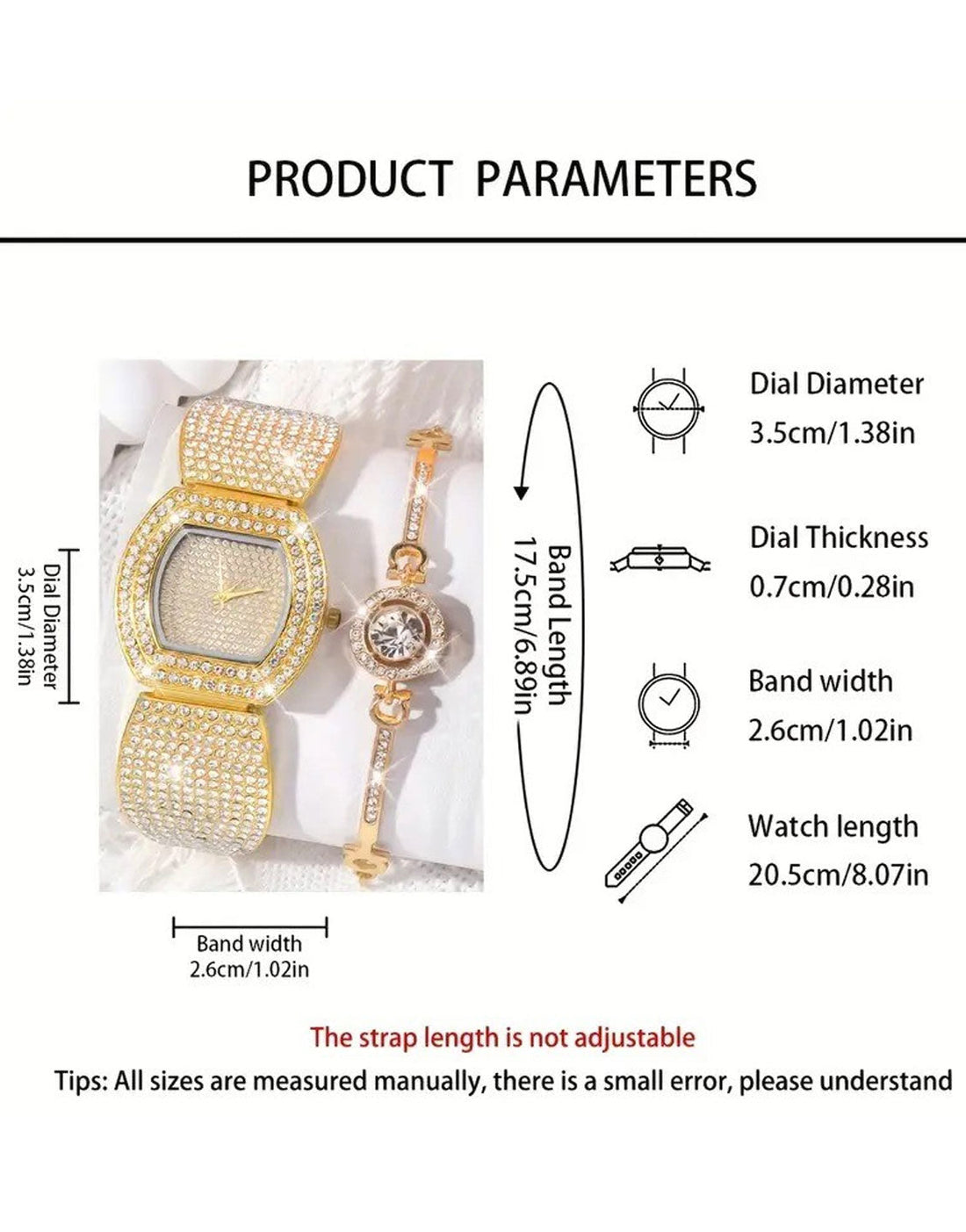 2-Pcs Elegant Ladies Golden Bracelet Watch and Sparkling Bracelet Set