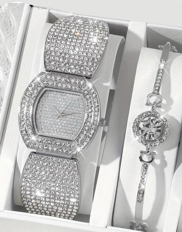 2-Pcs Elegant Ladies Silver Bracelet Watch and Sparkling Bracelet Set