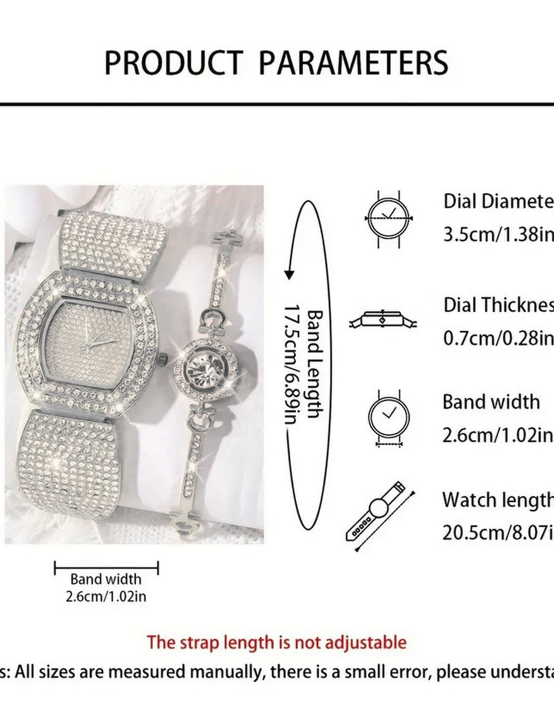 2-Pcs Elegant Ladies Silver Bracelet Watch and Sparkling Bracelet Set