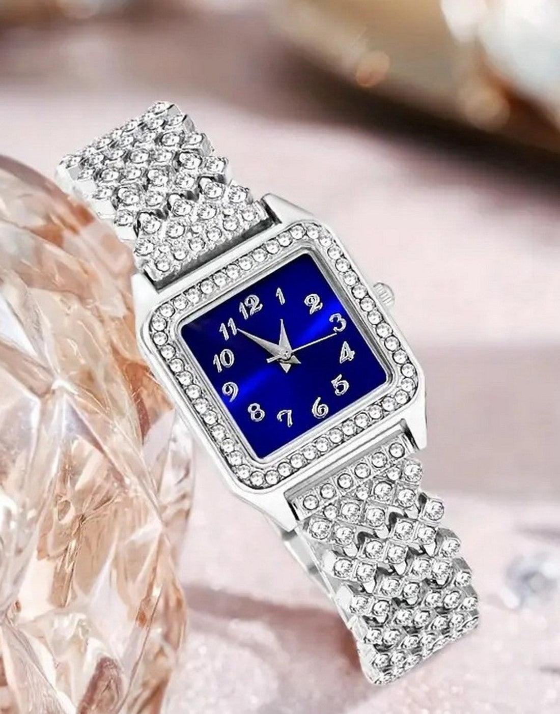 5-Pcs Luxe Women's Royal Blue Dial Watch & Faux Stone Jewellery Set