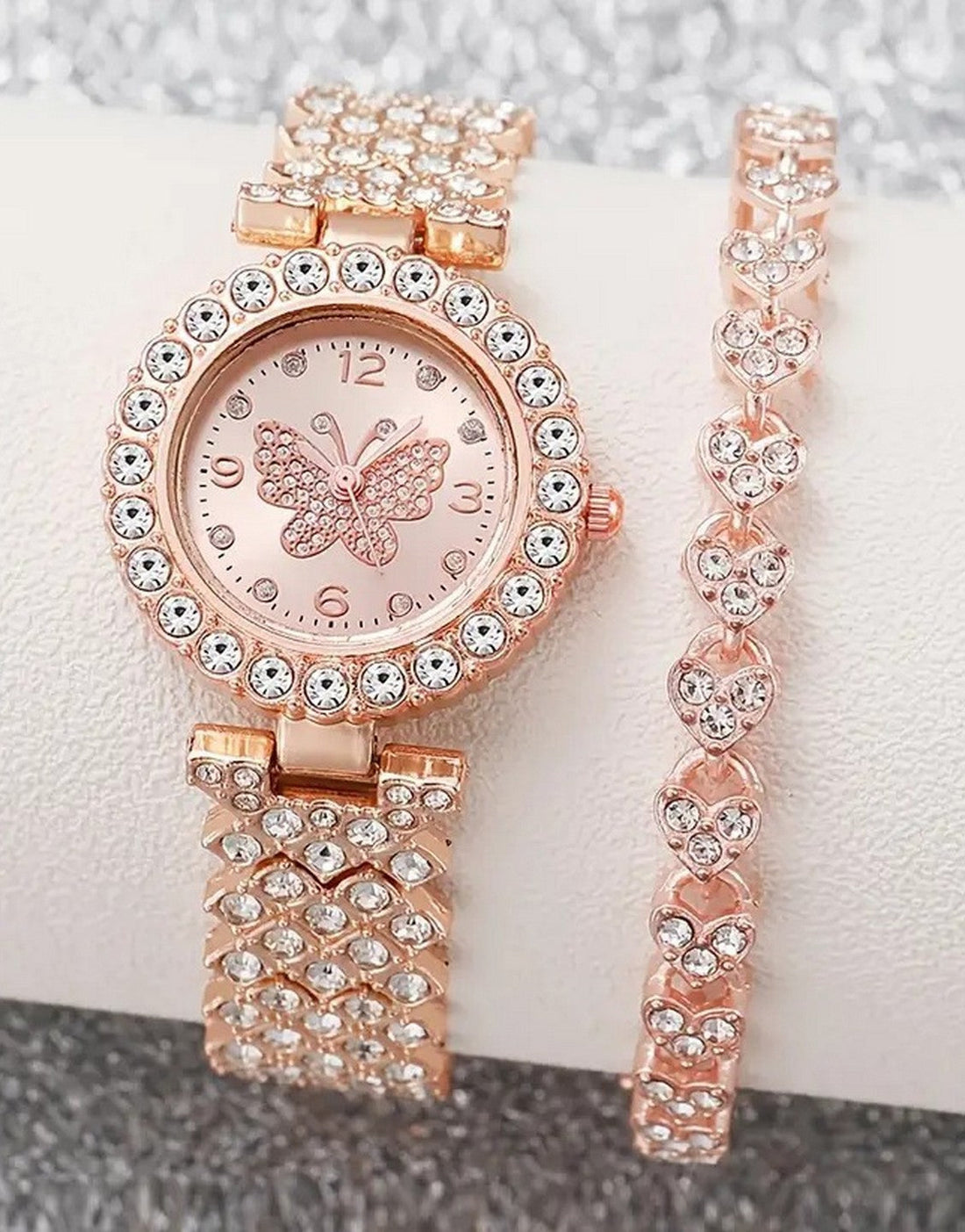2-Pcs Ladies Watch and Bracelet Set with Rhinestone Accents