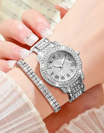 2-Pcs Elegant Women's Round Dial Watch and Sparkling Bracelet Set - Silver