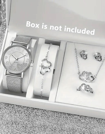 6-Pcs Women's Round Alloy Case Quartz Watch with Heart Shaped Jewellery Set