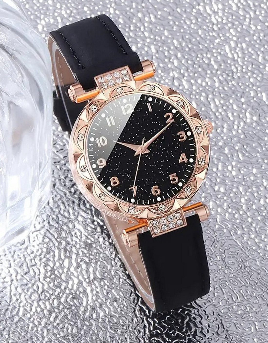 5-Pcs Elegant PU Leather Ladies Watch and Black Stone Jewellery Set