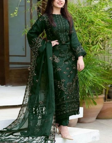 Elegant Embroidered Bottle Green Cotton Lawn Dress with Chiffon Dupatta
