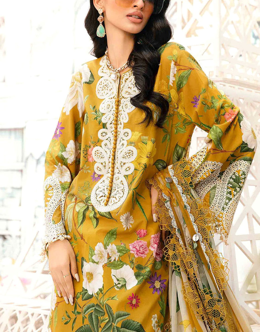 All-Over Print Embroidered Lawn Dress with Printed Chiffon Dupatta