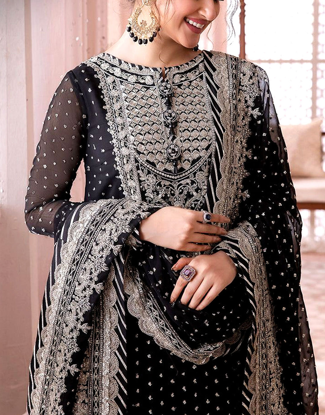 Elegant Embroidered Black Chiffon Dress for Formal & Party Wear