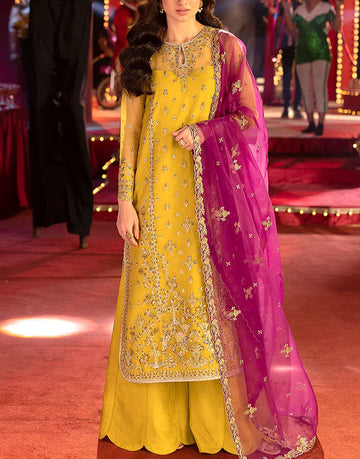 Heavy Embroidered Rich Yellow Organza Mehndi Dress with Vibrant Magenta Dupatta