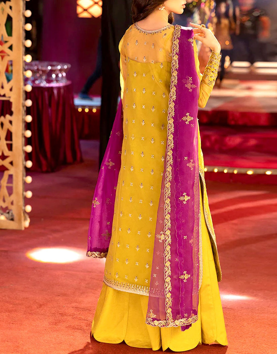 Heavy Embroidered Rich Yellow Organza Mehndi Dress with Vibrant Magenta Dupatta