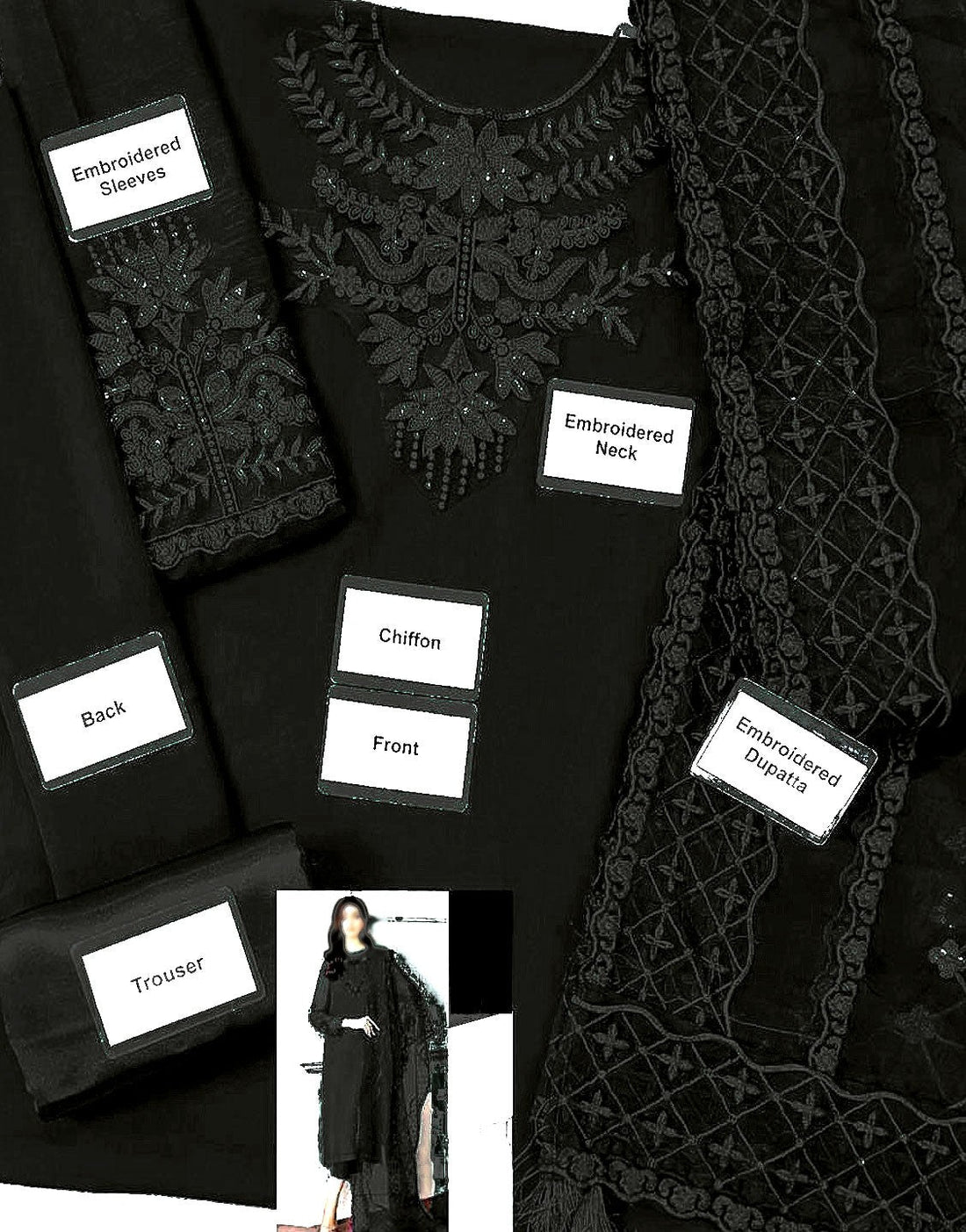 Simple Embroidered Black Chiffon Dress – Ideal for Wedding, Formal & Party Wear