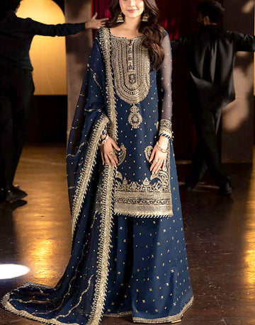 Luxury Heavy Embroidered Navy Blue Chiffon Wedding Wear Dress