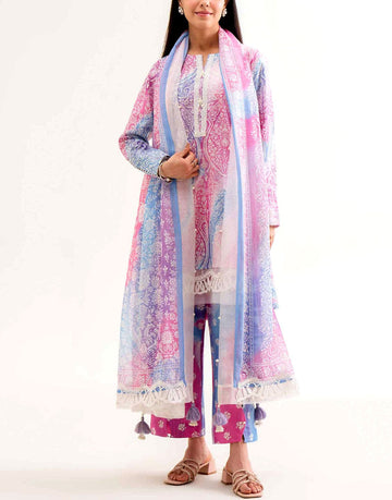 IB Bonanza All-Over Digital Print 3-Piece Linen Dress with Linen Dupatta
