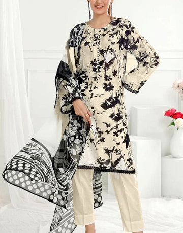 IB Bonanza All-Over Digital Print 3-Piece Linen Dress with Linen Dupatta