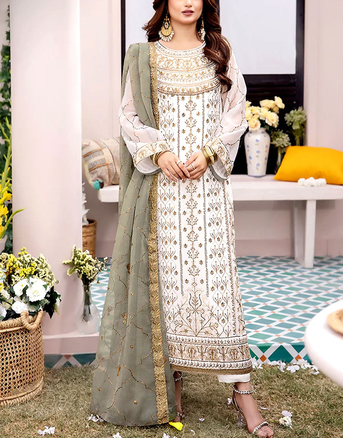 Heavy Embroidered White Chiffon Party Wear Dress